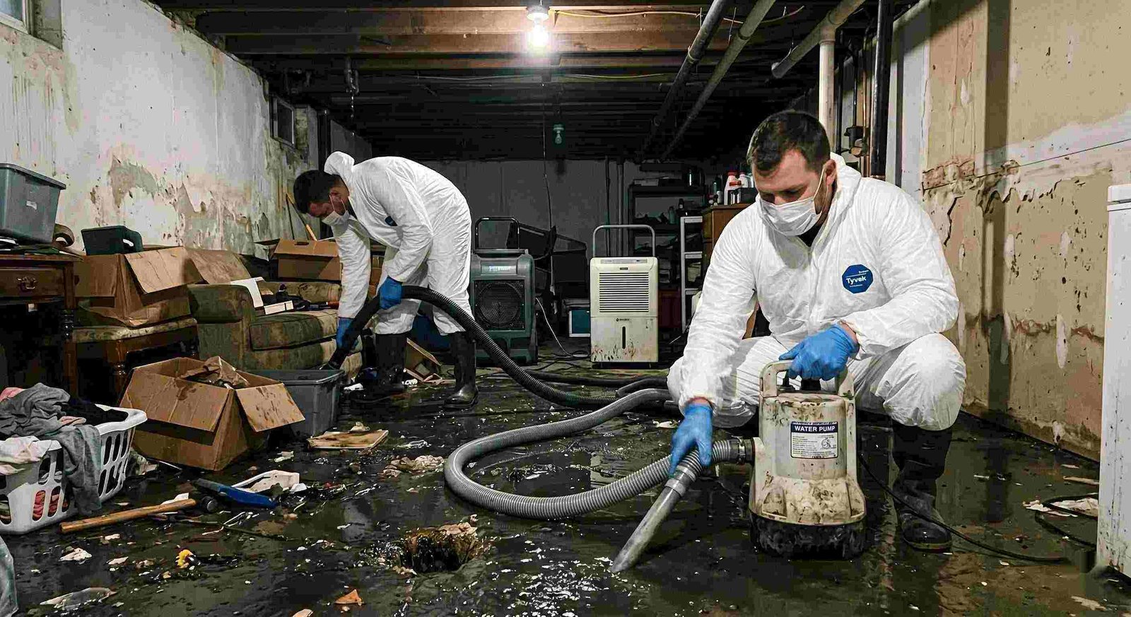 sewer backup cleanup technicians removing contaminated water from flooded basement in Charleston