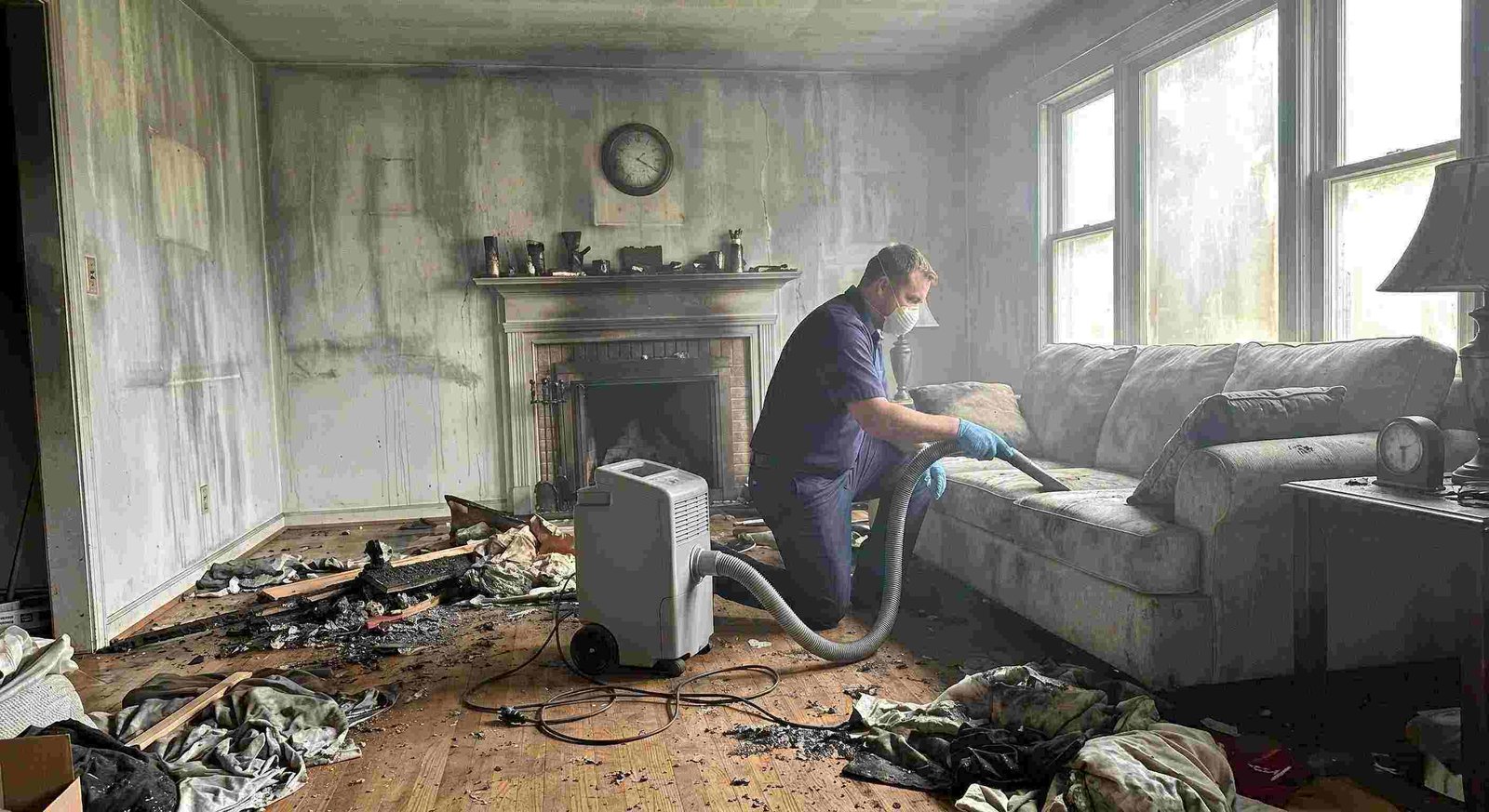 Realistic post-fire smoke damage removal in a home with soot-covered walls and debris being cleaned by a technician in Charleston.