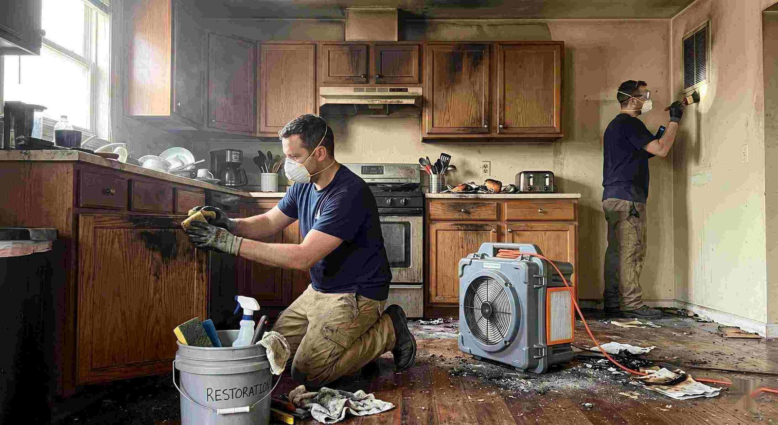 Technicians performing smoke damage removal in a home in Charleston after a kitchen fire, cleaning soot and restoring indoor air quality.