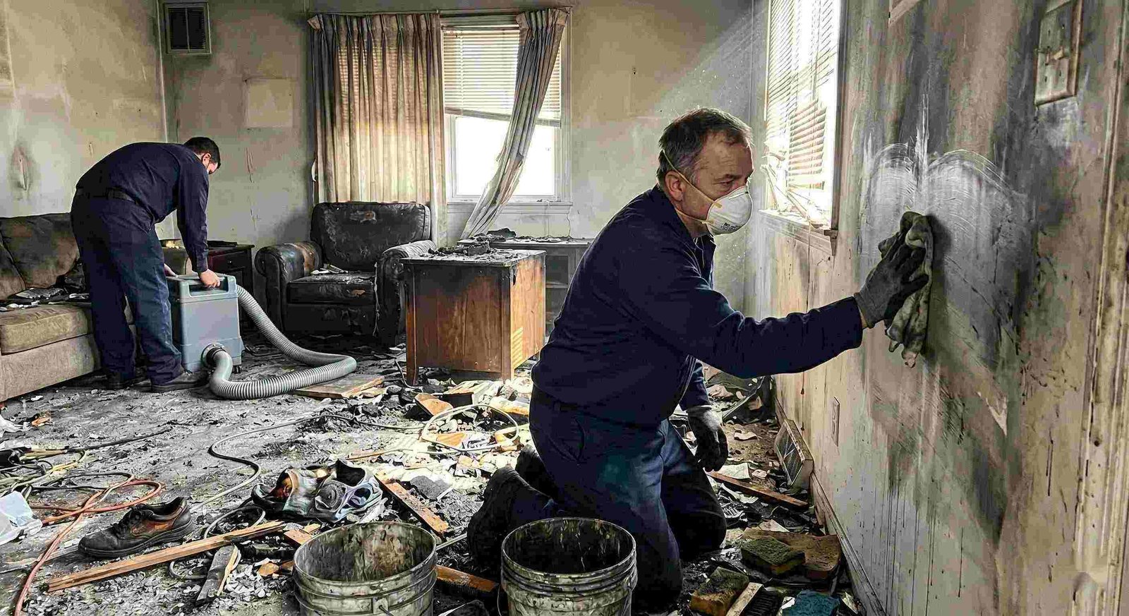 Technician performing soot removal in a fire-damaged home in Charleston, carefully cleaning walls and surfaces covered in smoke residue and ash