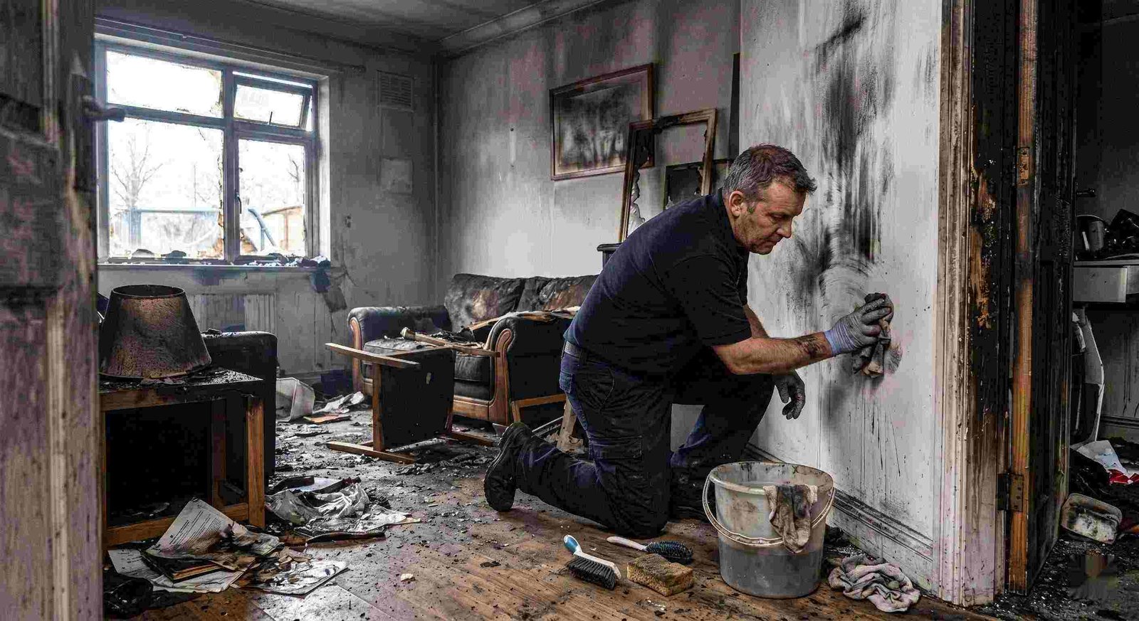 Technician performing soot removal in a fire-damaged home in Charleston, restoring smoke-damaged walls and surfaces.