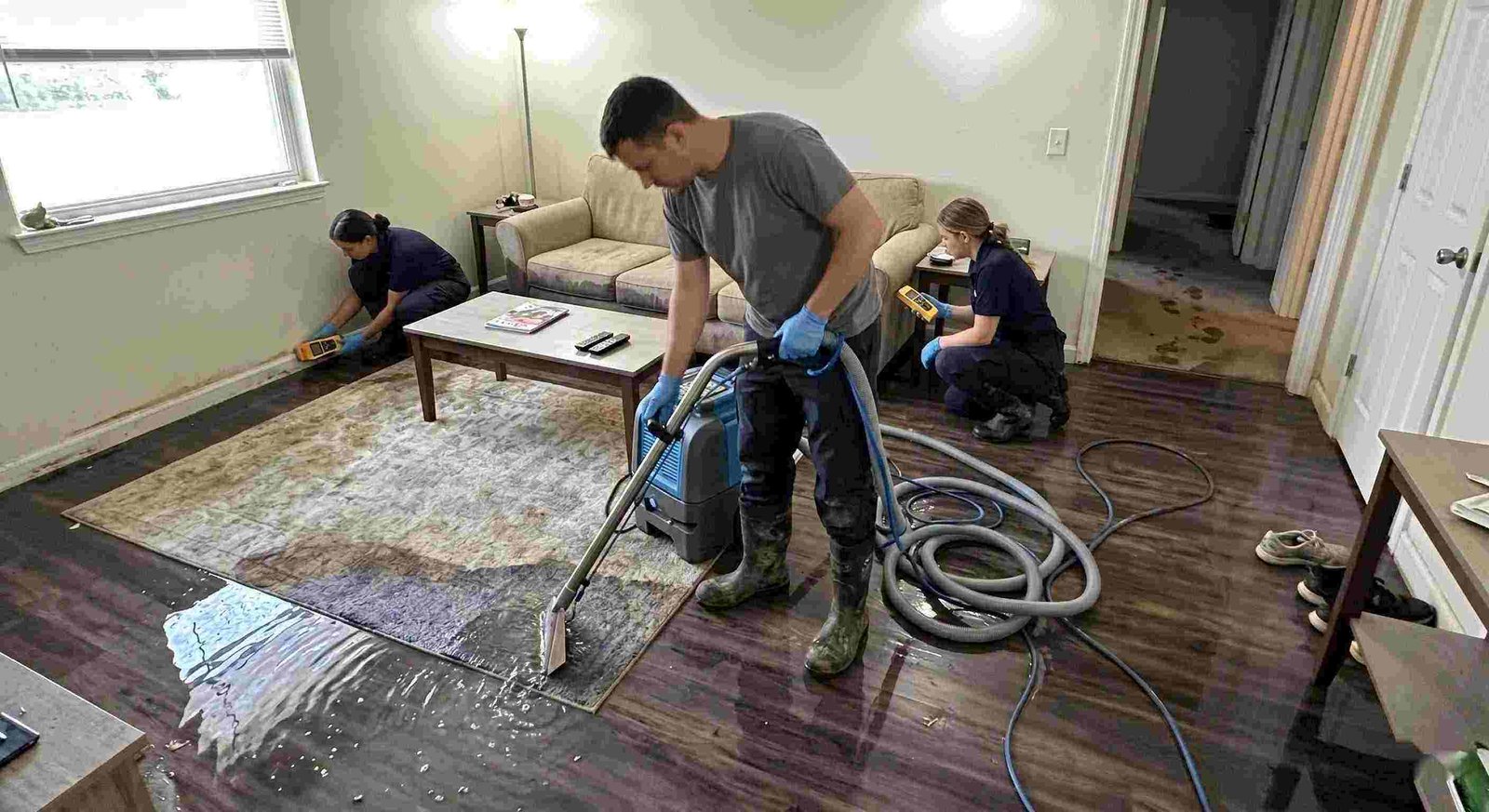 Standing water extraction service removing pooled water inside a home in Charleston