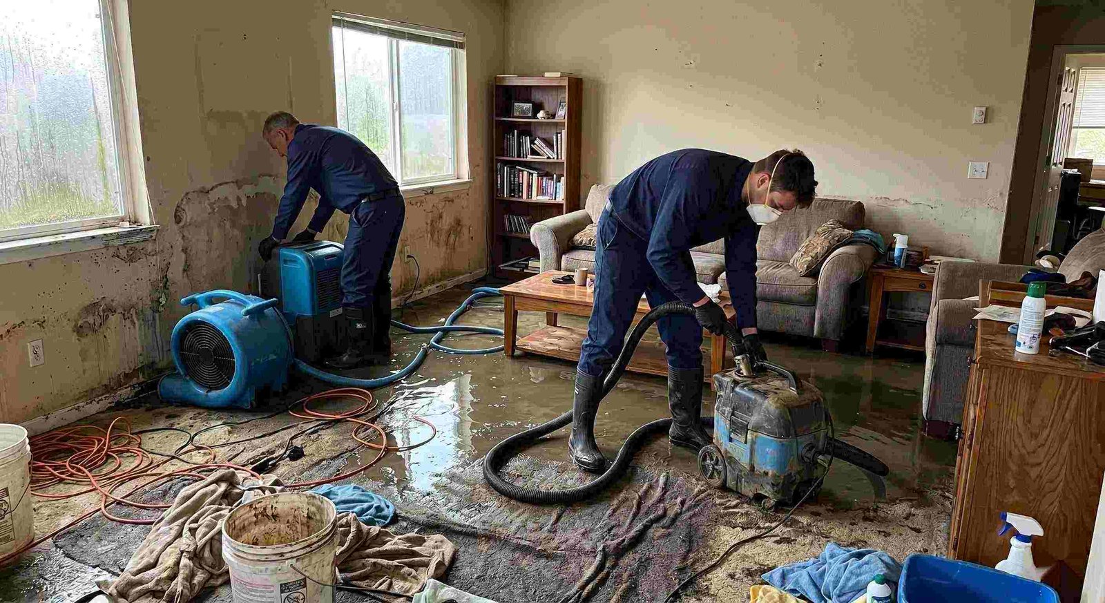 Storm water damage cleanup in a residential home showing technicians removing standing water and setting up drying equipment in Charleston.