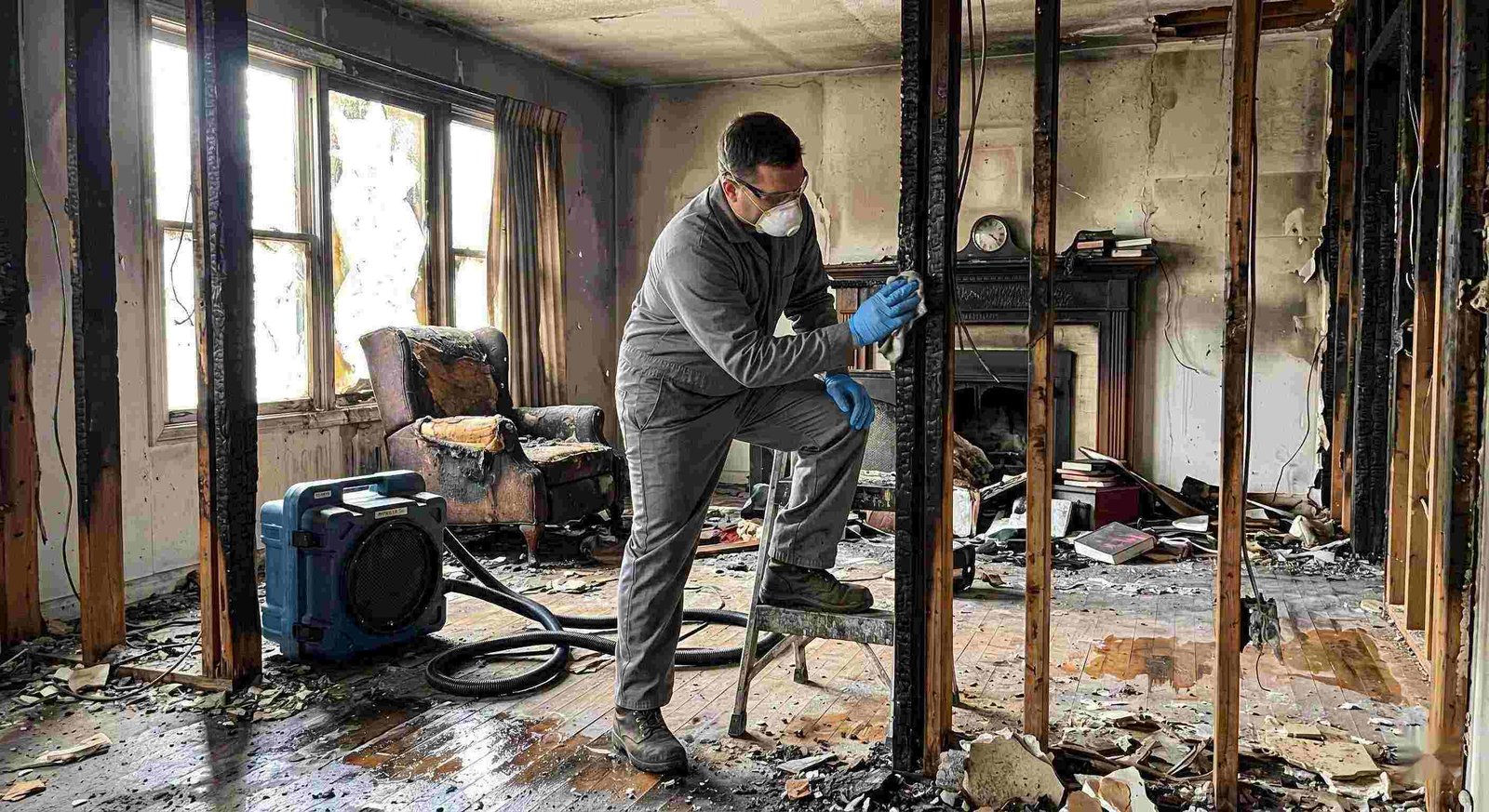 Fire damage structural cleaning after a residential fire in Charleston showing soot-covered beams, charred walls, and a technician restoring the home.