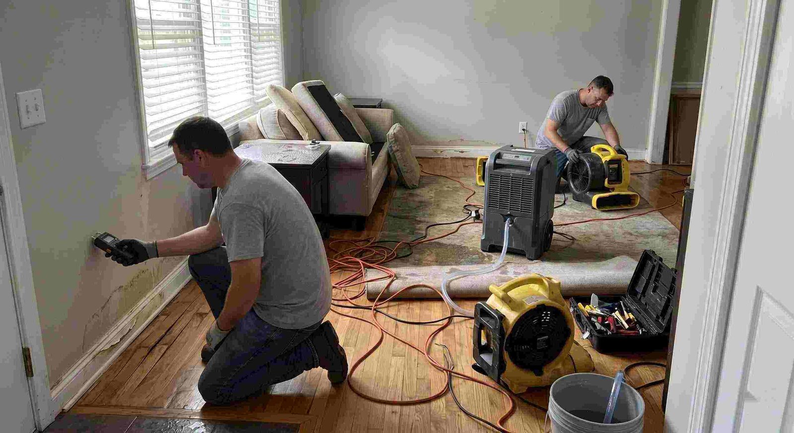structural drying and dehumidification equipment removing moisture inside a water damaged home in Charleston