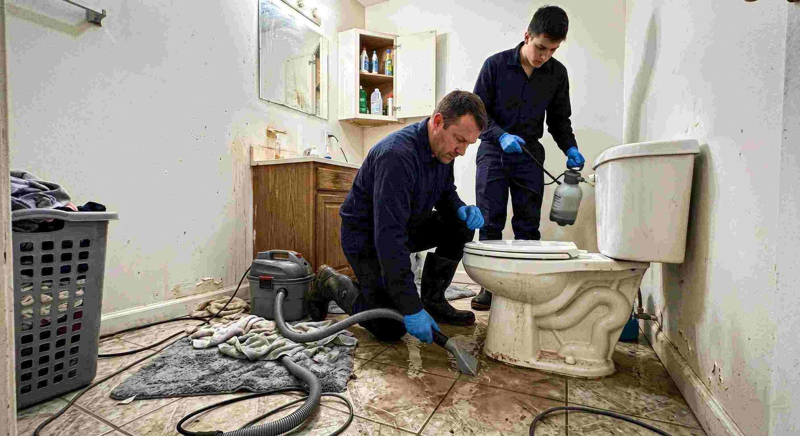 toilet overflow cleanup service in Charleston with technicians extracting contaminated water from bathroom floor