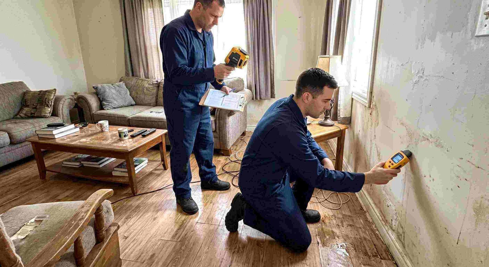 Trusted water damage inspection technician using moisture meter and thermal imaging in Georgetown home