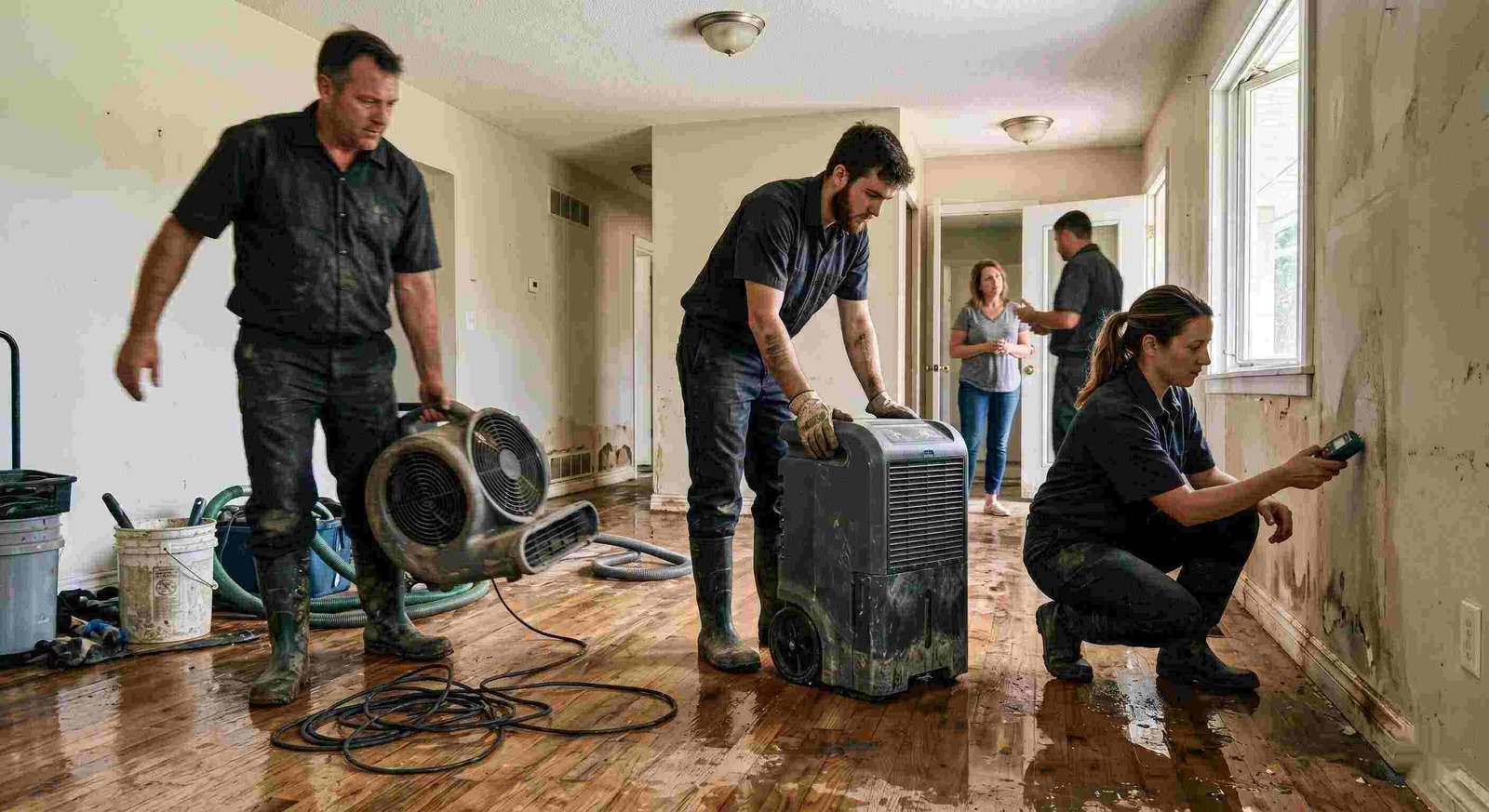 Professional trusted water damage restoration team in Georgetown using professional equipment for drying and inspection