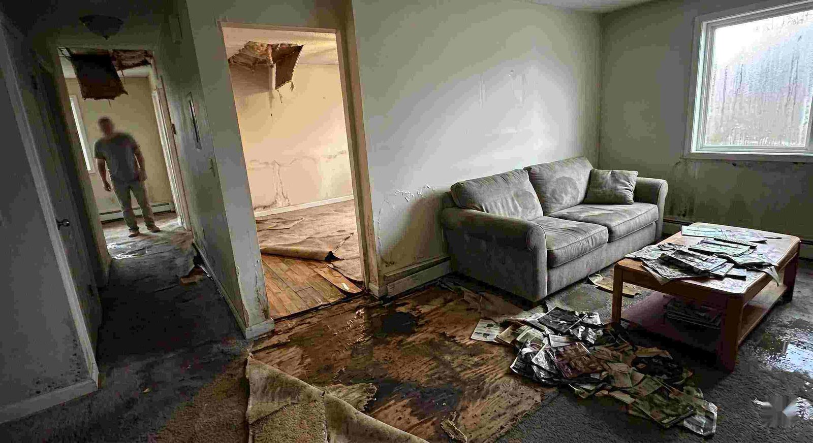 Top-rated severe indoor water damage in Georgetown home with soaked floors, peeling walls, and structural deterioration