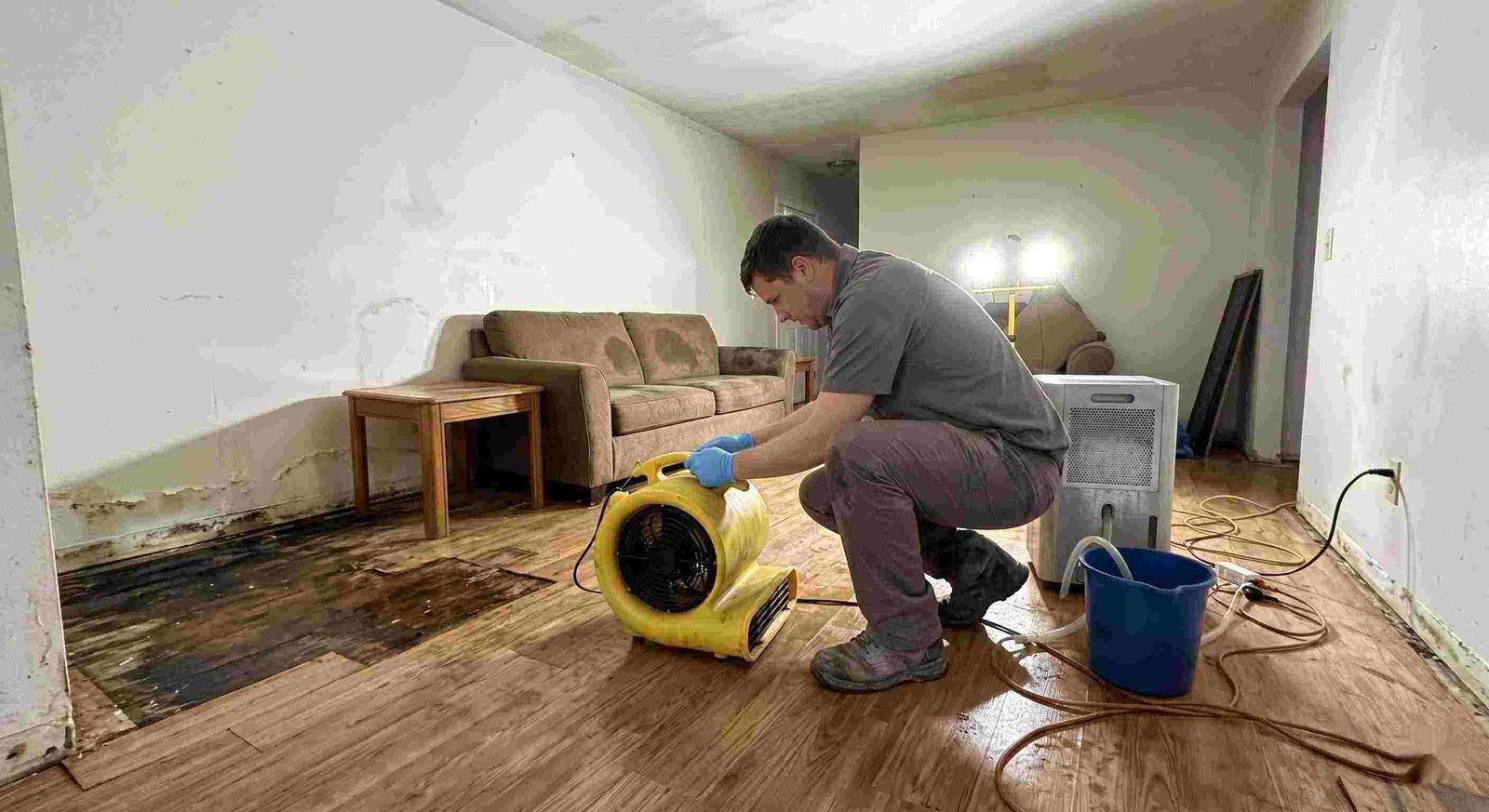 Top-rated water damage restoration technician drying wet floors with equipment during cleanup process in Georgetown