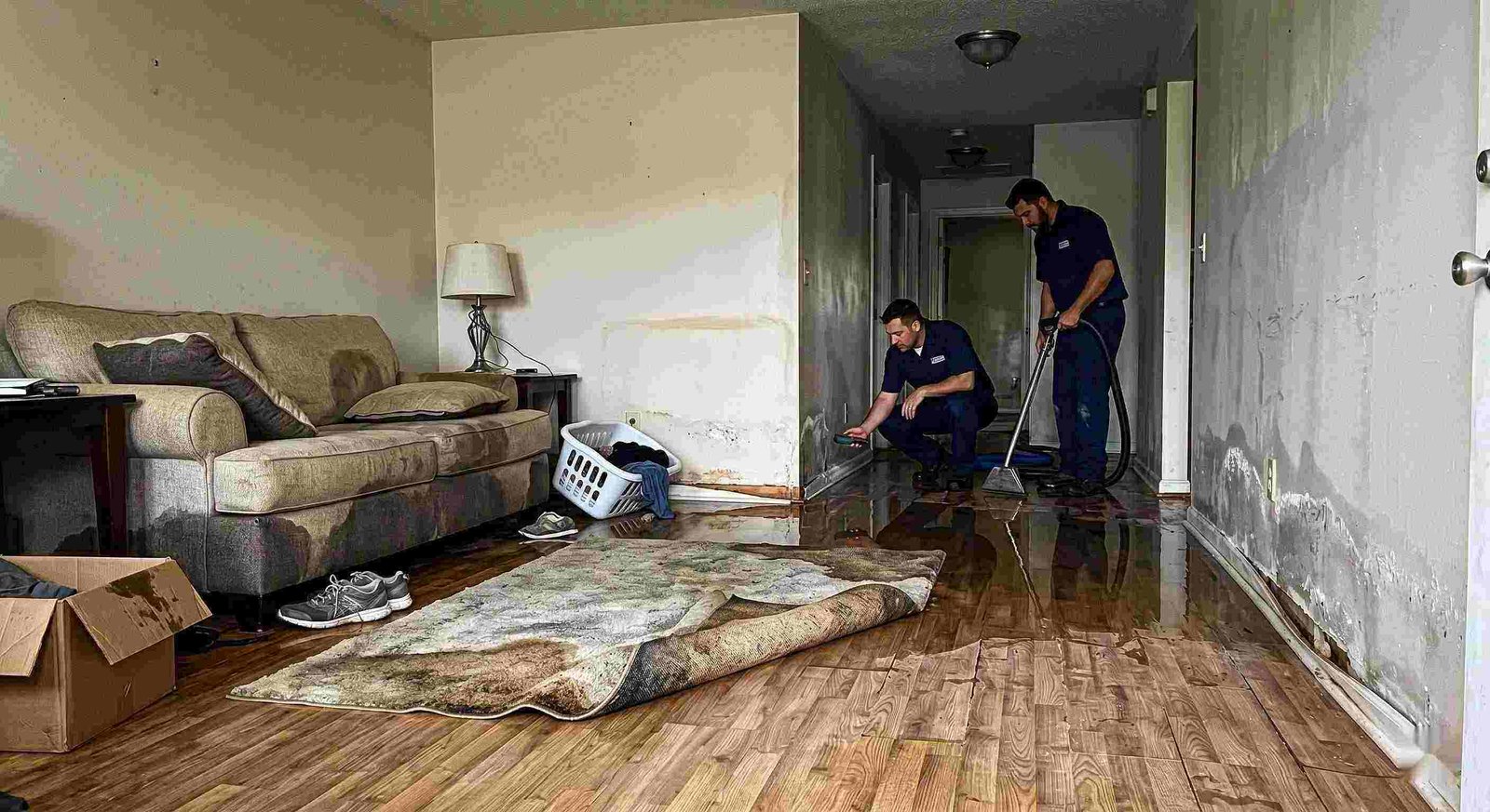 water damage spreading across floors and walls inside a home in Charleston showing soaked flooring and structural impact