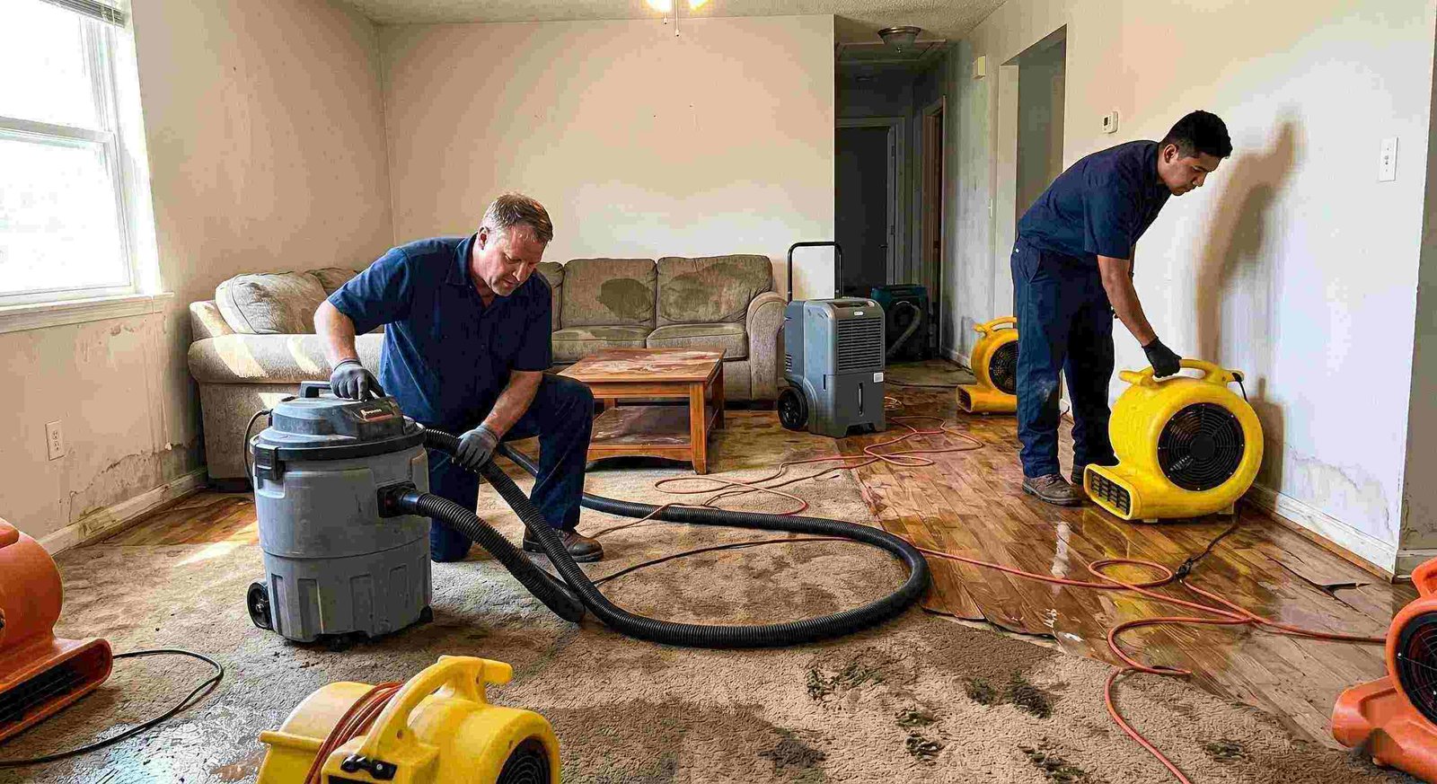 Expert water extraction and drying service in Georgetown removing standing water and moisture from flooded home interior
