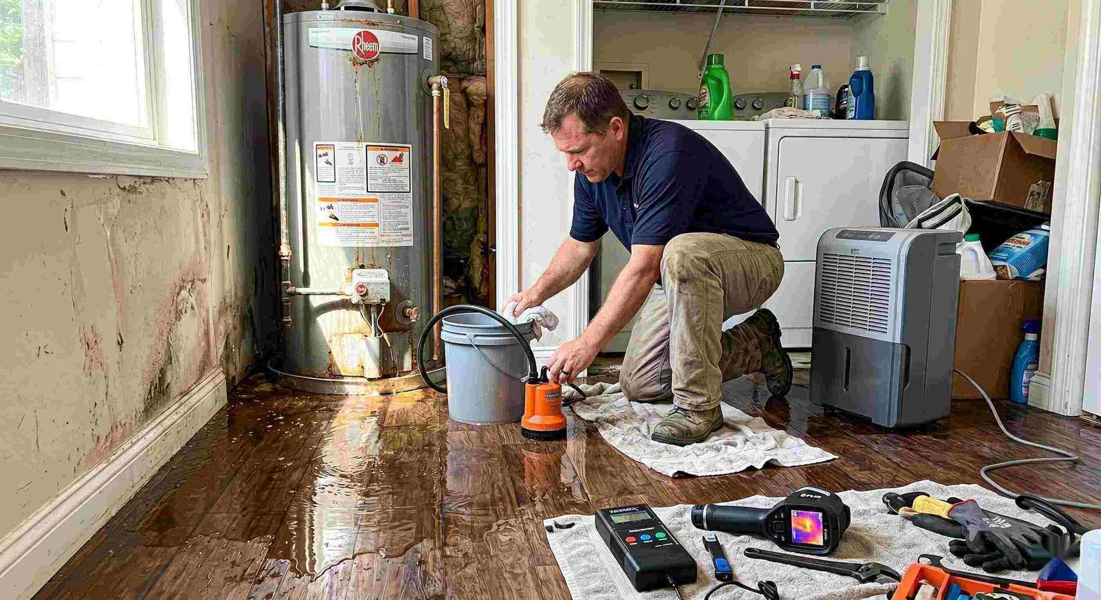 Technician performing water heater leak damage restoration in a home with water pooled on the floor and visible moisture damage in Charleston