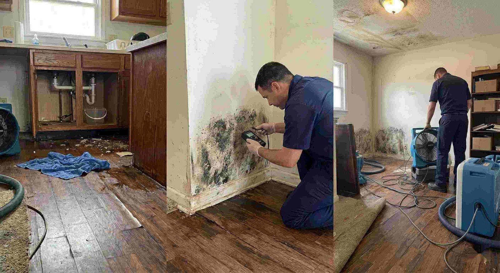 Realistic photo of water leak damage inside a home, showing pooled water, damp flooring, and technicians performing leak damage restoration in Charleston.