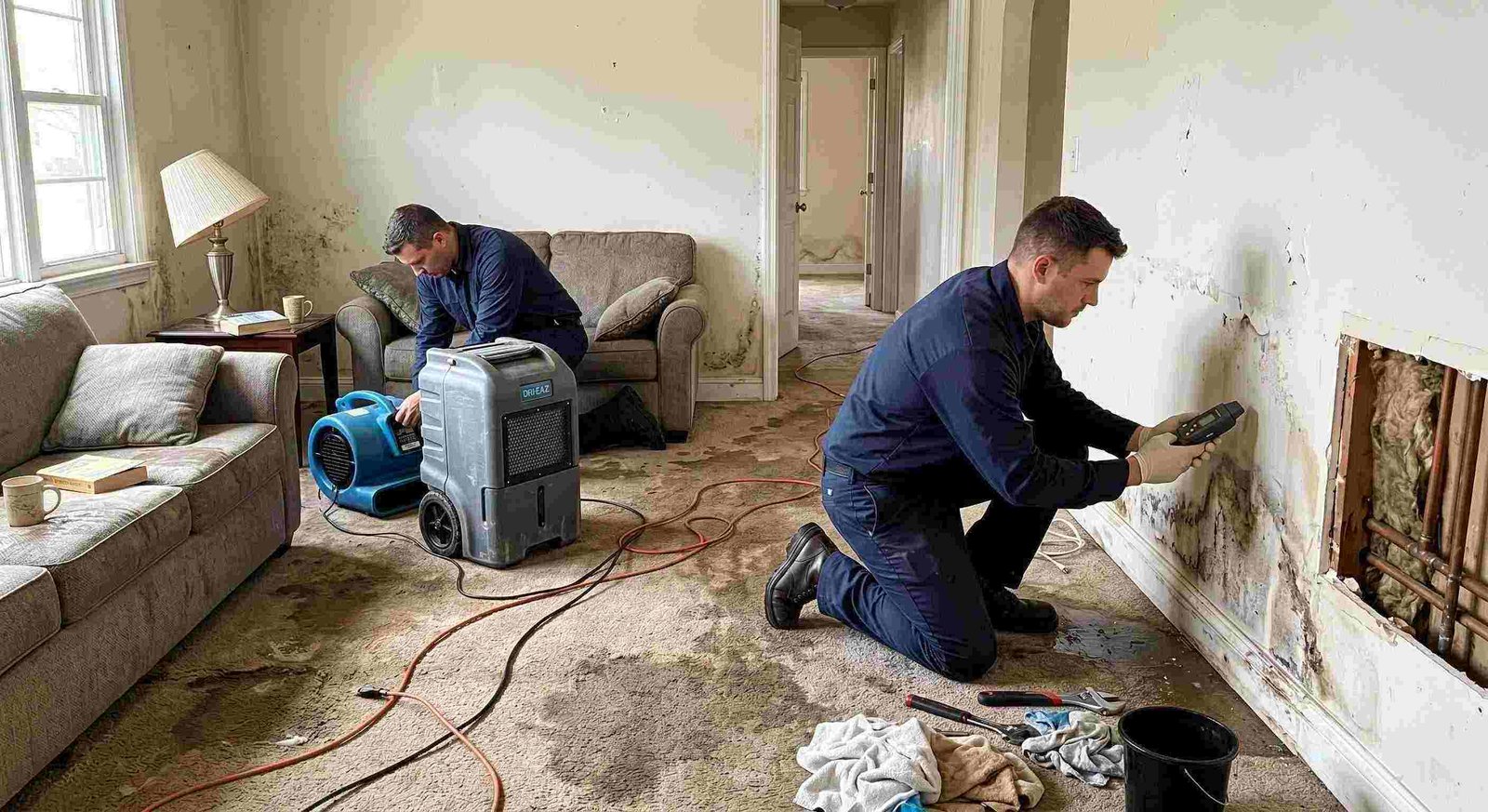 Realistic water leak damage repair scene in a residential home showing technicians locating and repairing a hidden pipe leak in Charleston.