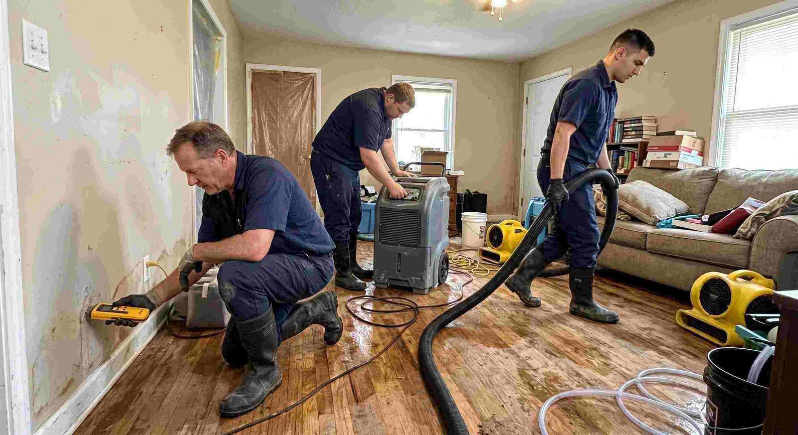 water restoration experts team using professional equipment during water extraction in Charleston