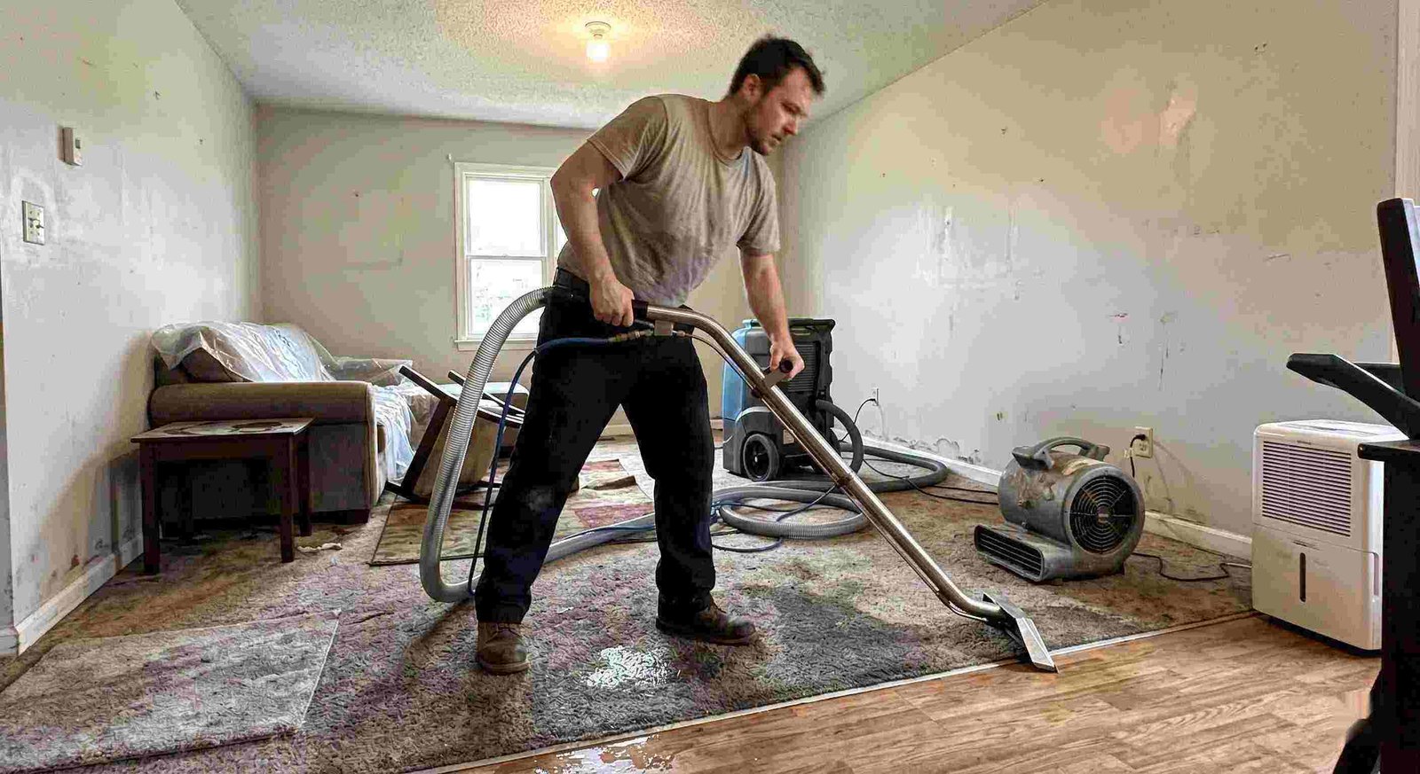 Water extraction technician removing water during restoration process in a residential home in Charleston