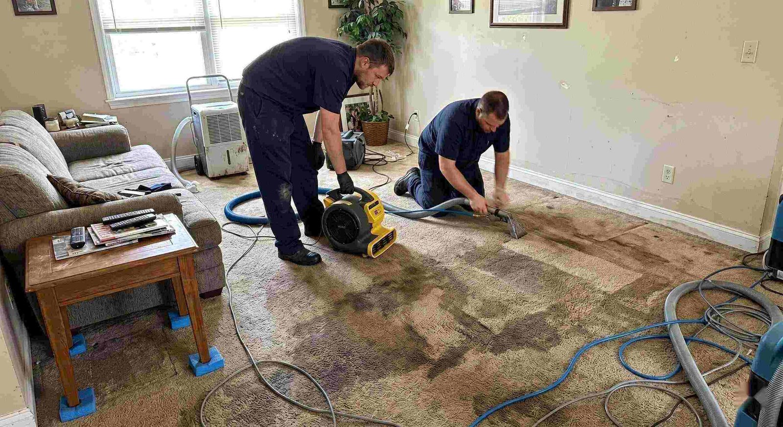 wet carpet cleanup service in Charleston removing moisture from soaked residential carpet using extraction and drying equipment