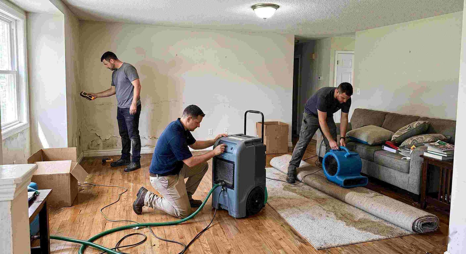 Local flood restoration team working in a water-damaged home, showing equipment and hands-on cleanup process in Charleston