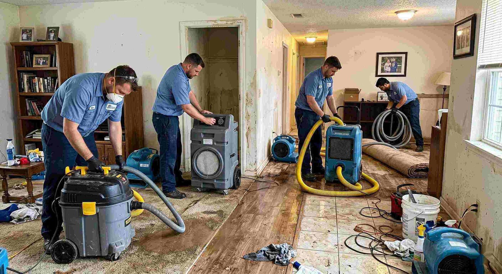 Realistic photo of sewage backup cleanup team using professional equipment in a home interior, showing trust, teamwork, and proper restoration techniques in Charleston.